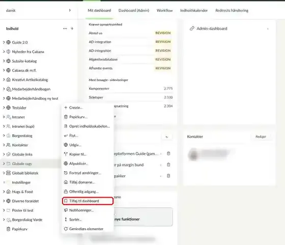 Menuen for en side i indholdstræet, hvor Tilføj til dashboard er markeret