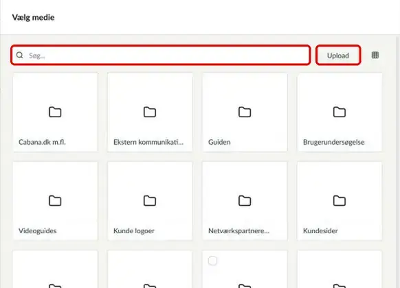 Mediearkivets vælger med søgefeltet og knappen Upload markeret