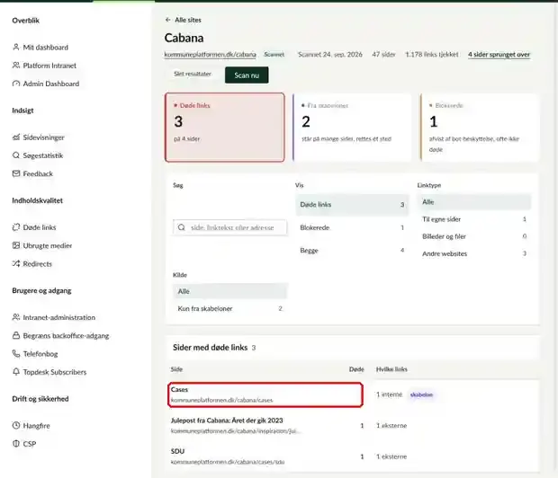 Resultatet for et site, hvor Døde links og en side med døde links er markeret