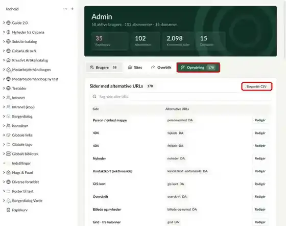 Fanen Oprydning, hvor fanen og knappen Eksportér CSV er markeret