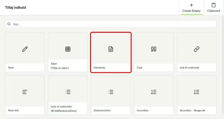 Oversigten over komponenter med Faktaboks markeret