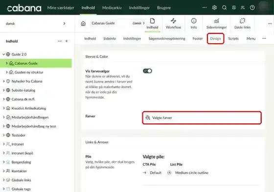 Fanen Design på forsiden med feltet Farver