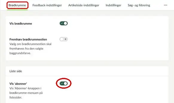 Fanen Brødkrumme og knappen Vis abonner markeret
