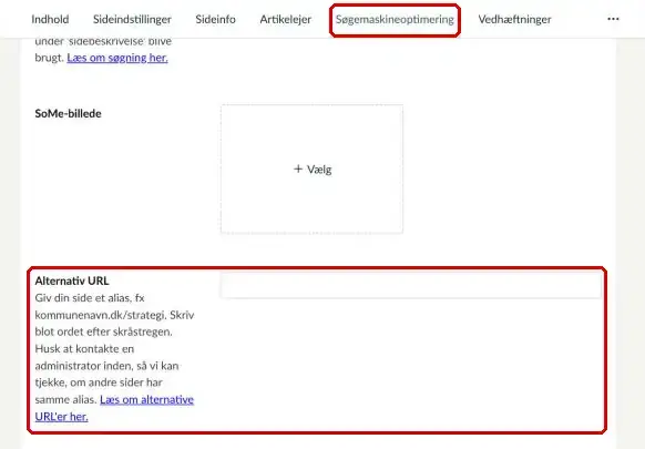 Fanen Søgemaskineoptimering, hvor feltet Alternativ URL er markeret