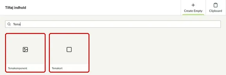 Oversigten over komponenter med Temakomponent og Temakort markeret