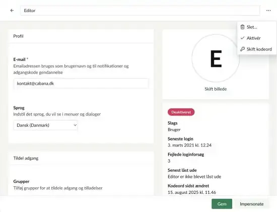 Brugerprofilen med menuen under de tre prikker foldet ud og valgmulighederne Slet, Aktivér og Skift kodeord