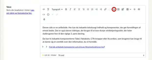 Værktøjslinjen i teksteditoren med ankerikonet markeret