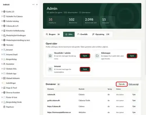 Fanen Sites, hvor knapperne Opret og Tjek alle er markeret
