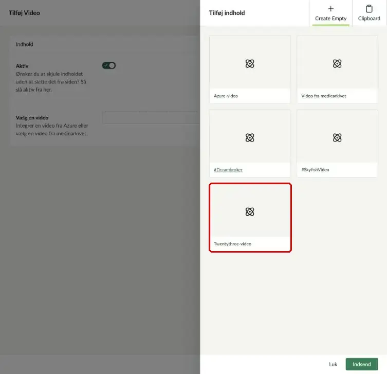 Oversigten over videotyper med Twentythree-video markeret