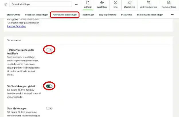 Fanen Artikelside-indstillinger, Tilføj service-menu under topbillede og Vis Print-knappen globalt markeret