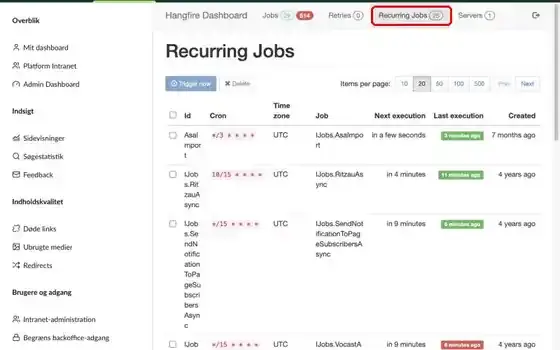 Hangfire, hvor fanen Recurring Jobs er markeret