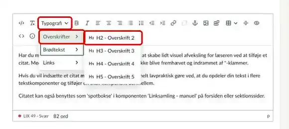 Menuen Typografi åbnet med Overskrifter og H2 - Overskrift 2 markeret