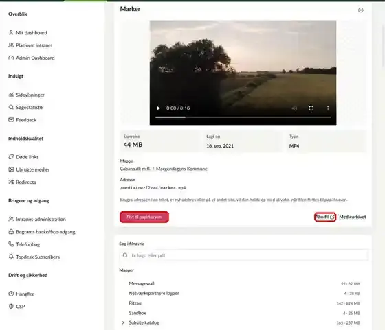 Detaljer om en ubrugt fil, hvor Flyt til papirkurven og Åbn fil er markeret