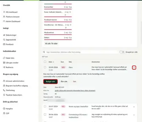 Et feedbacksvar, hvor pilen og knappen Redigér side er markeret