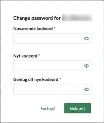 Dialogen Change password med felterne Nuværende kodeord, Nyt kodeord og Gentag dit nye kodeord samt knapperne Fortryd og Bekræft