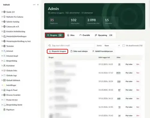 Fanen Brugere i Dashboard (Admin), hvor knappen Eksportér brugere er markeret