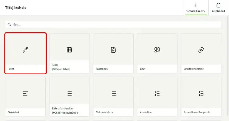 Oversigten over komponenter med Tekst markeret