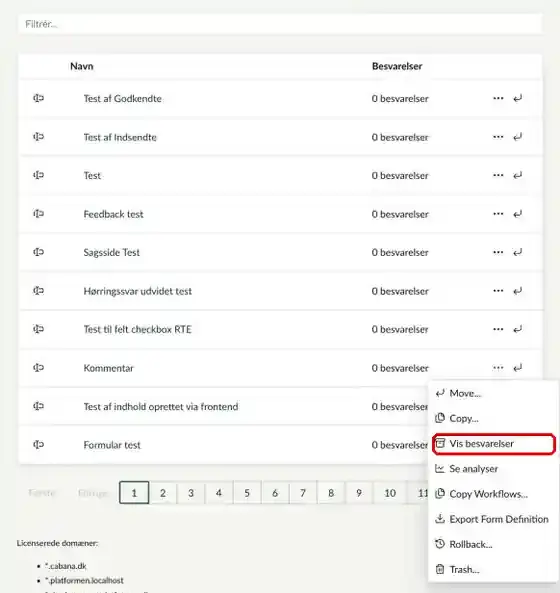 Menuen for en formular med Vis besvarelser markeret