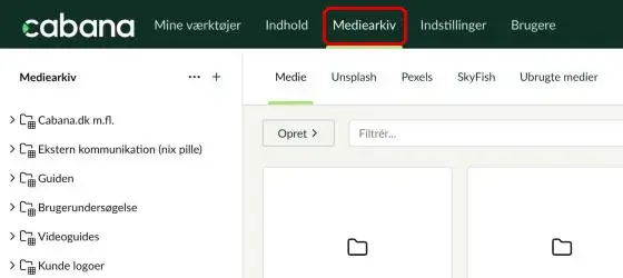 Menuen øverst i backoffice med Mediearkiv markeret