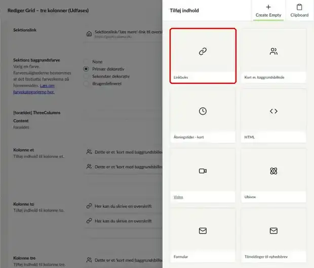 Vinduet Tilføj indhold for en kolonne, hvor elementet Linkboks er markeret