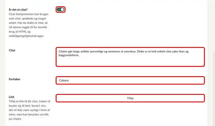 Citatets felter Er det et citat?, Citat, Forfatter og Link markeret