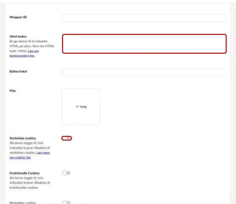 Feltet Html-koden og toggle for Statistiske cookies markeret
