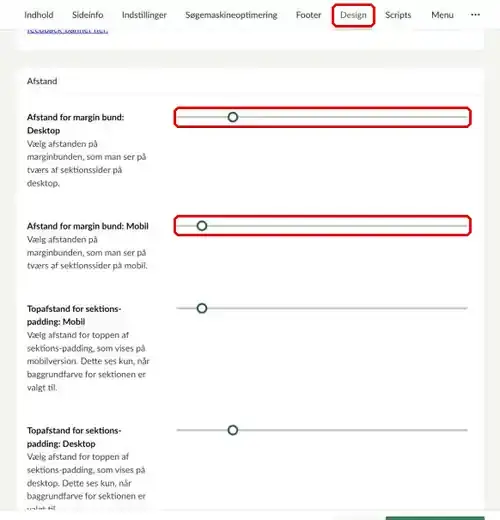 Fanen Design på forsiden, hvor skyderne for margin bund på desktop og mobil er markeret