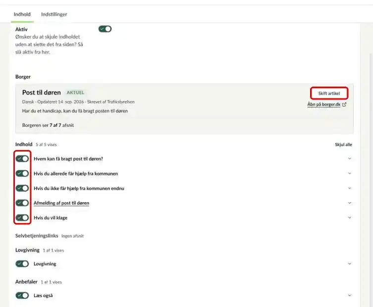 Den valgte artikel med knappen Skift artikel og afsnittenes kontakter markeret