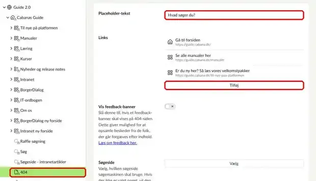 Siden 404 i indholdstræet med Placeholder-tekst og knappen Tilføj ved Links markeret