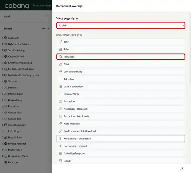 Komponent-oversigten, hvor feltet Vælg page-type og en komponent er markeret