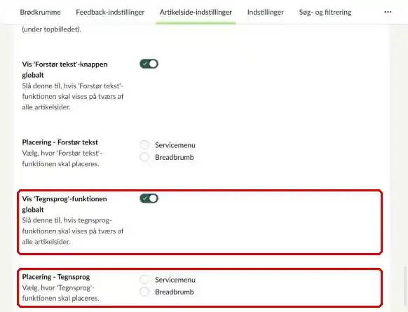 Fanen Artikelside-indstillinger, hvor Vis 'Tegnsprog'-funktionen globalt og placeringen er markeret
