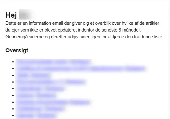 Eksempel på en revisionsmeddelelse med en liste over sider, der skal gennemgås