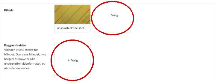 Felterne Billede og Baggrundsvideo, hver med en Vælg-knap