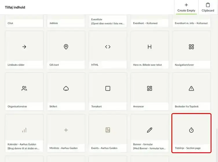 Oversigten over komponenter på en sektionsside med Tidslinje - Section page markeret