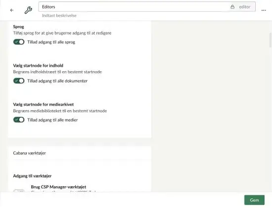 Indstillingerne Sprog, Vælg startnode for indhold og Vælg startnode for mediearkivet med deres toggles