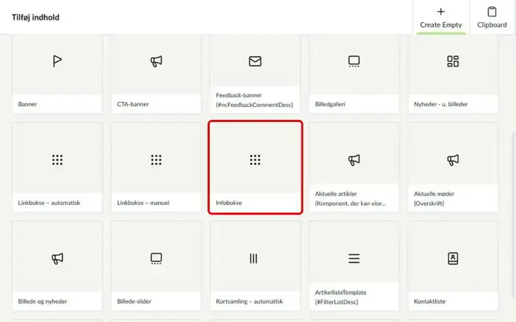 Oversigten over komponenter på en sektionsside med Infobokse markeret