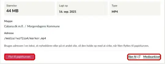 Detaljer om en ubrugt fil med knapperne Flyt til papirkurven og Mediearkivet