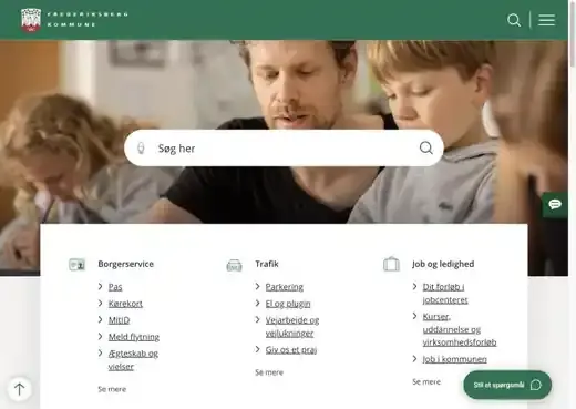 Forsiden på frederiksberg.dk med stort foto, søgefelt og indgange til emner