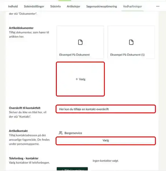 Felterne Vælg document, Overskrift til kontaktfelt og Vælg markeret