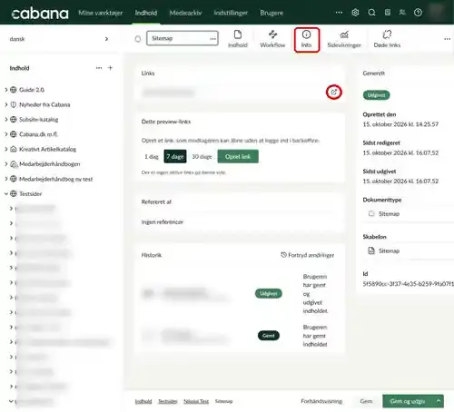 Fanen Info på sitemappet, hvor fanen og ikonet for at åbne linket er markeret