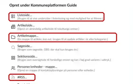 Valget Listeside i listen over sider, du kan oprette, markeret