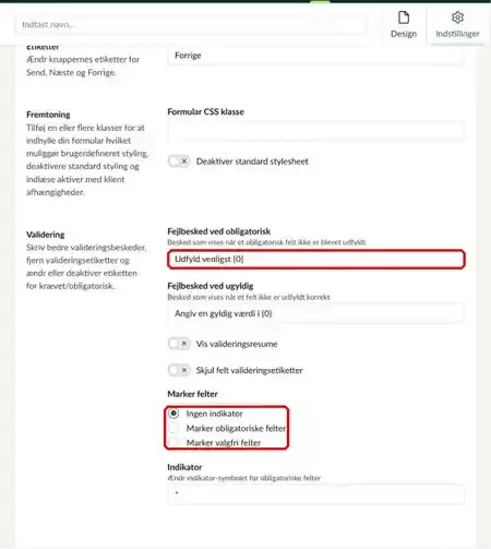 Fejlbesked ved obligatorisk og Marker felter markeret