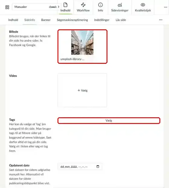 Felterne Billede og Tags på fanen Sideinfo med knappen Vælg markeret