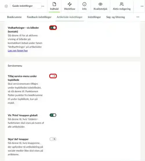 Felterne til visning af billeder på kontakter og Tilføj service-menu under topbillede markeret
