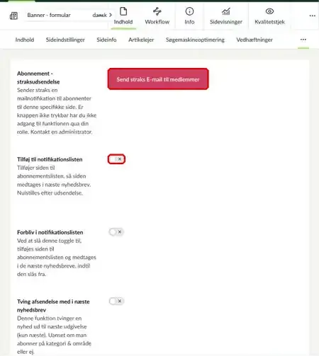 Knappen Send straks og toggle for notifikationslisten markeret