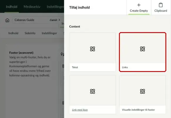 Vinduet Tilføj indhold i en footer-kolonne, hvor Links er markeret