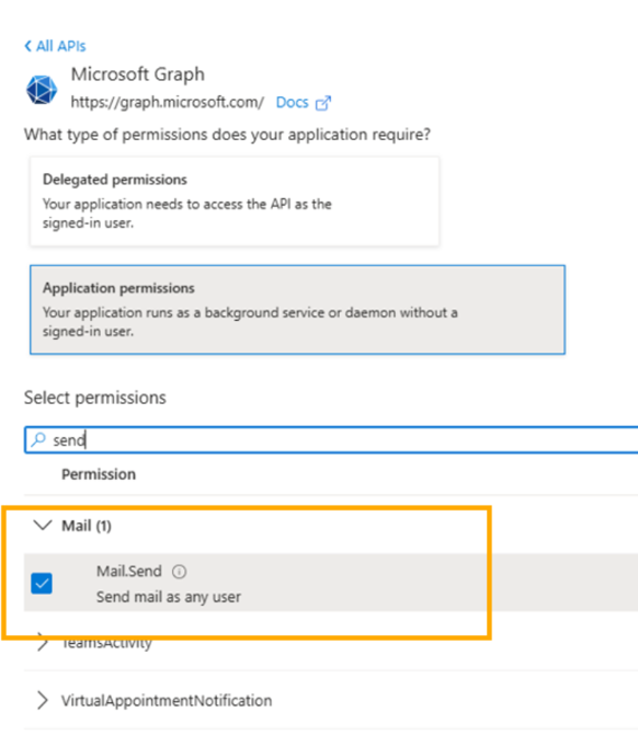 Microsoft Graph med Application permissions, hvor Mail.Send er markeret