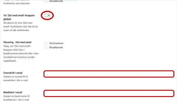 Vis Del med email-knappen globalt, Overskrift i email og Brødtekst i email markeret