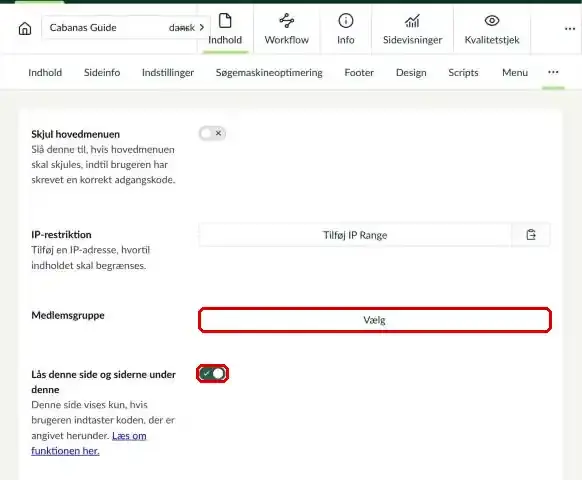 Fanen Lås side med Medlemsgruppe og toggle for låsning markeret