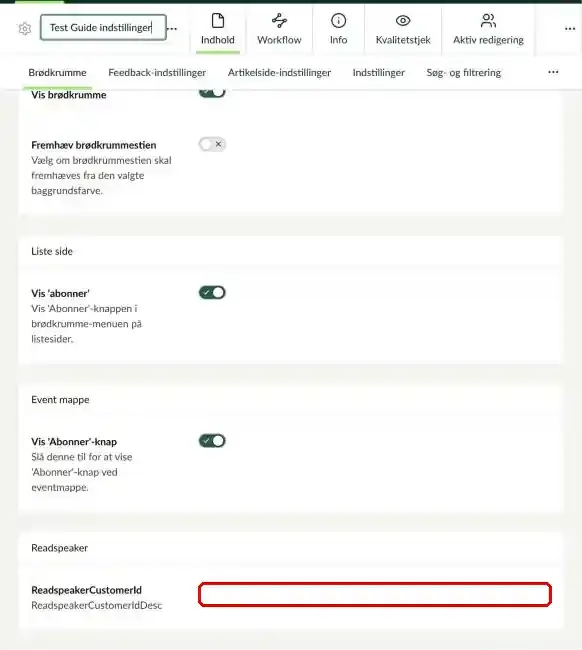 Feltet til ReadSpeaker-ID på fanen Brødkrumme markeret